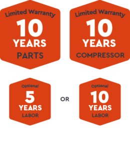 Warranty information featuring limited warranties of 10 years for parts and compressor, with optional labor warranties of 5 or 10 years.