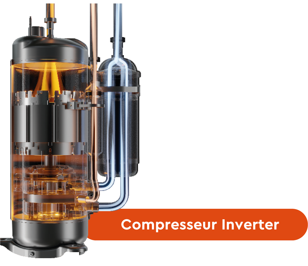 Compressseur Inverter avec des éléments internes visibles et des tubes de circulation.