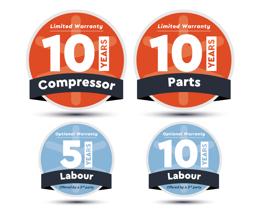 Warranty badges displaying 10 years for compressor and parts, along with 5 and 10 years for optional labour warranties.