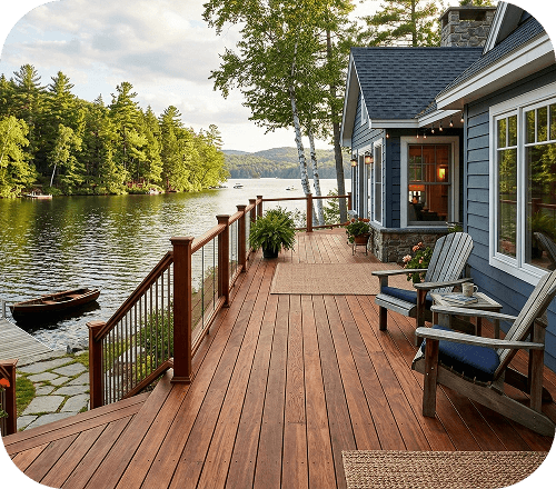 A cottage deck overlooking a lake